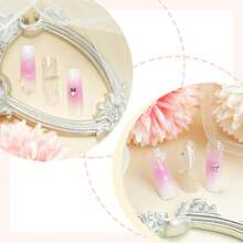 Long Coffin Press On Nails French Tip Fake Nails Ombre False Nails With 3D Butterfly Designs Pink Smudge Artificial Nails Glossy Glue On Nails Summer Stick On Nails For Women 24Pcs - 長款-C5C7 - 查看 2