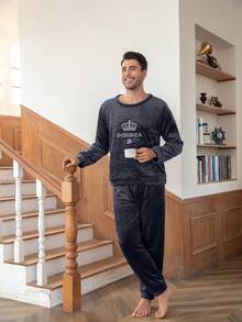 Bộ đồ ngủ nam đơn giản, bộ đồ ngủ bằng vải flannel ấm áp gồm áo dài tay rộng và quần rộng, thích hợp cho mùa thu/đông. - Màu xám đen - Xem 7