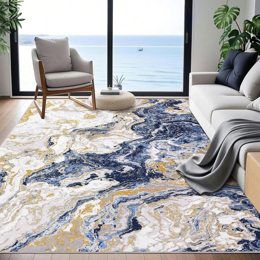 Tapis lavables pour le salon, tapis abstrait moderne pour la chambre, tapis abstrait en marbre, tapis doux à poils ras lavable en machine pour salle à manger et salle de jeux - Bleu azur - Voir 1
