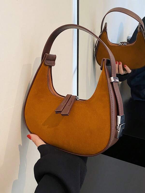 Fashionable Deer Suede Underarm Bag, Adjustable Strap Crescent Shaped Mini Shoulder Bag, Minimalist Korean Style Casual Handbag For Women