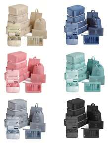 9 件套旅行行李打包袋收纳袋，可收纳洗漱包、化妆包、内衣、鞋子和衣物，分类收纳袋，旅行背包旅行包行李箱旅行装备旅行必备品，返校搬家袋收纳袋 - 彩色 - 查看 9