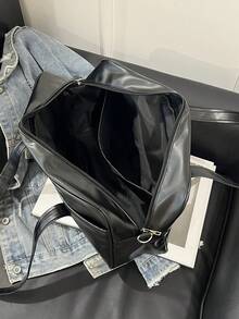 Bolso de mano minimalista de estilo oficinista, bolso de mano de mujer de moda en PU, bolso de hombro de gran capacidad de unicolor y personalizado para el trabajo - Negro - Ver 7