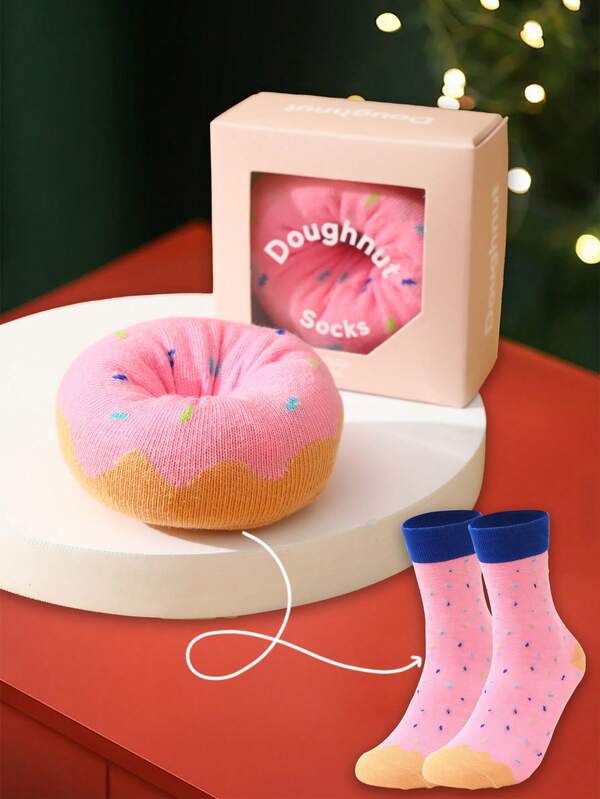 1 Par de Calcetines Deportivos con Diseño de Donut en Caja de Regalo, Nuevos Calcetines de Tripulación Unisex Otoño/Invierno 2025, Diseño Inspirado en Comida Creativa, Tejido de Punto, Suave y Cómodo, Regalo Perfecto para Cumpleaños, Acción de Gracias, Navidad, Reunión Familiar, Halloween, Fiesta, Calcetines de Moda Casual Únicos para Todas las Estaciones, Adecuados para Vacaciones, Deportes al Aire Libre, Entrenamiento en el Gimnasio