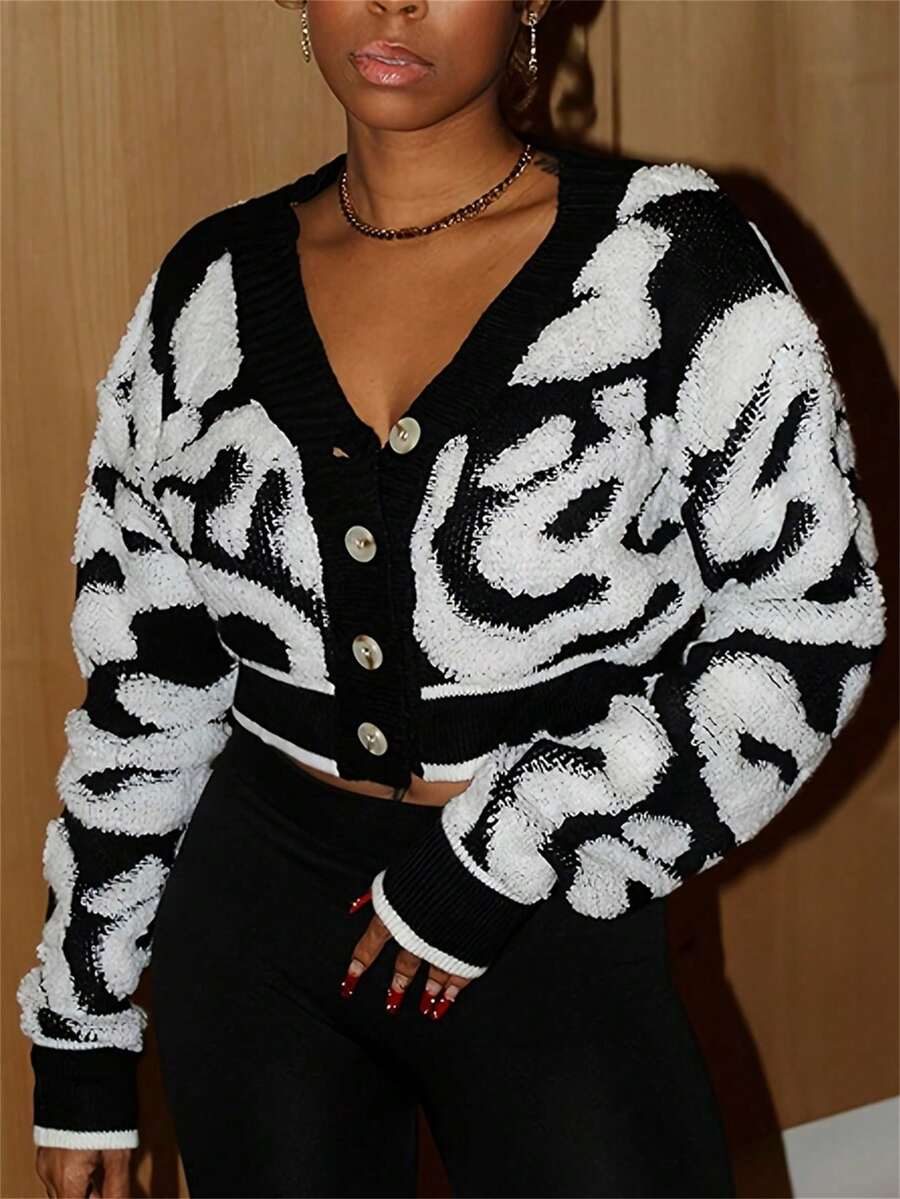 Ropa de mujer de talla grande de primavera, con bloques de colores, rayas, cuello en V, manga larga, holgada, cómoda, suave y delicada, cárdigan con botones. - Negro - Ver 1