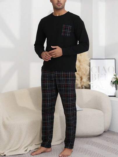 2pcs Men's Striped Print Crew Neck Long Sleeve Top And Pants Pajama Set, Casual And Comfortable Loungewear, Spring/Autumn
