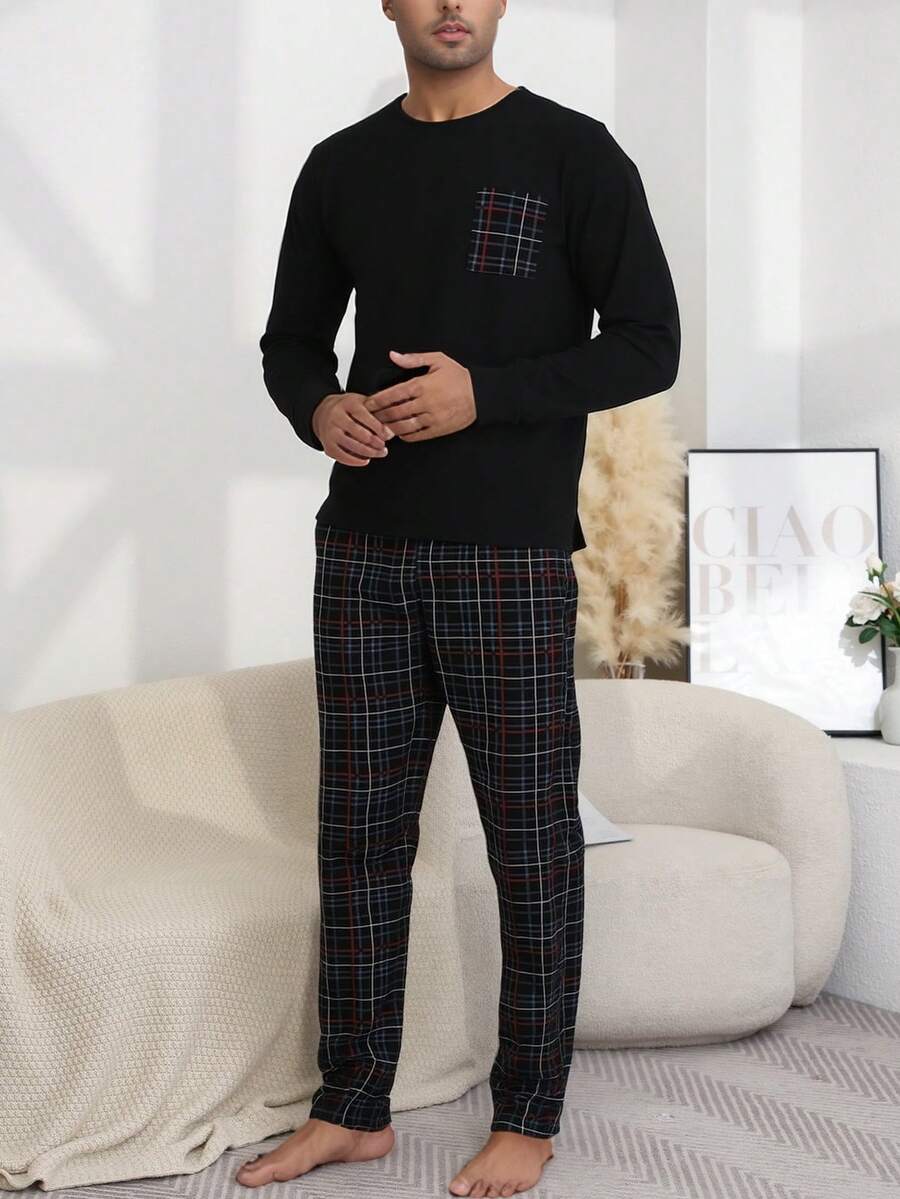 2pcs Men's Striped Print Crew Neck Long Sleeve Top And Pants Pajama Set, Casual And Comfortable Loungewear, Spring/Autumn - Black - View 1