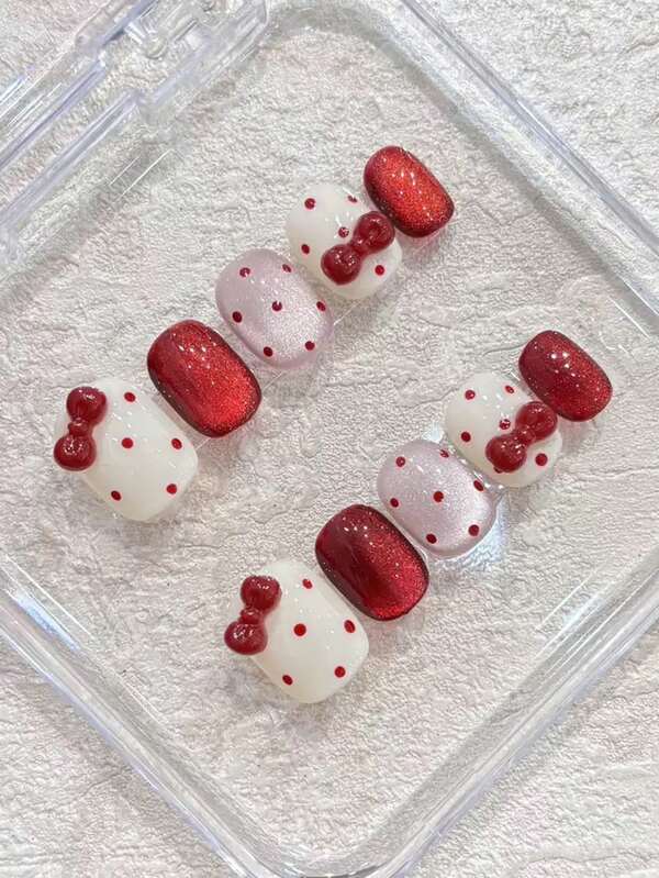 10 Handcrafted Red Bow Polka Dot Beige Base Color Cat's Eye Wearable Nails, Short Square And Cute Fake Nails For Daily Use, Suitable For Ladies And Girls