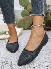 Women's Fashion Embroidered Mesh Pointed Toe Slip-On Flat Shoes, Comfortable, Lightweight, Elegant, Suitable For Autumn - Black - View 5
