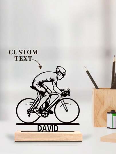 1pc Unique Personalized Custom Metal Art Ornaments, Custom Name Bicycle Player And Jesus & Of Peace Metal Ornaments, Farmhouse Wall Decor With Wooden Frame, Perfect For Gardens, Patio, Cottagecore Themes Whimsical Desk Decor With Wooden Base, Ideal For Nurseries