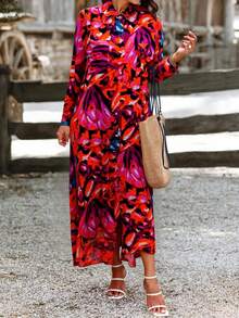 Plus Size Allover Orange Patterned Long Women's Dress - Burnt Orange - View 5