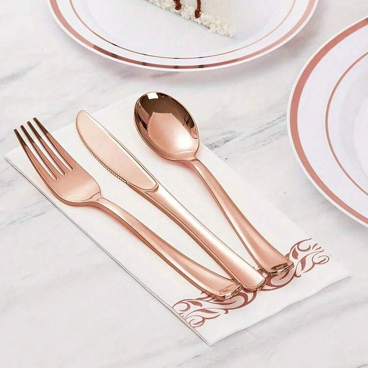 5/6/10/25/50/75/150pcs Rose Gold Cutlery Set. Dessert Forks And Spoons Set Suitable For Home Kitchen, Restaurant, Wedding, Party, Holiday Gatherings. Cutlery Knife Fork Spoon Set For Home, Restaurant, Wedding, Outdoor, Birthday, Party, Festival - Rose Gold - View 10