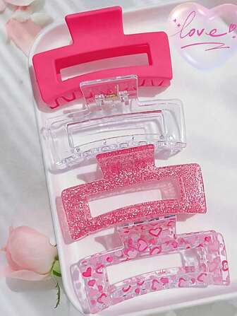 4 piezas/3 piezas/2 piezas/1 pieza Conjunto de pinzas con forma de corazón de color rojo rosa, pinzas para el cabello con brillo rosa rosa, pinzas de tiburón brillantes, accesorios para el cabello con estampado de corazón Y2K, adecuados para niñas y mujeres, esenciales para primavera/verano, excelentes para regalos de cumpleaños, recuerdos de boda, vacaciones en la playa y atuendos casuales, regalos del Día de la Madre, recuerdos de fiesta, regalos de boda y San Valentín, de vuelta a la escuela
