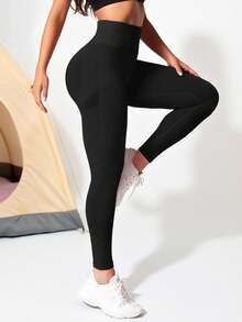 SHEIN Yoga Tights Seamless High Stretch Tummy Control Gym Leggings - Black - View 3