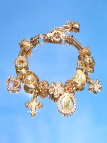 1pc Heart & Cherry Blossom Charm Bracelet, 1pc Fashionable Gold Tone Bracelet, 1pc Glow-In-The-Dark Cross Bracelet, 1pc Mom Angel Cross Bracelet