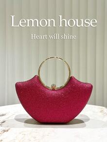 1pc Fuchsia Shiny Rhinestone Decorated Round Handle Handbag, Elegant Clutch Purse Suitable For Evening Party, Wedding, Banquet, Cocktail Party - 玫紅色 - 查看 5