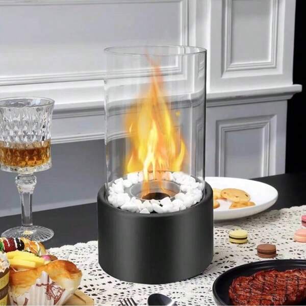 Lámpara de chimenea de alcohol para mesa, calentador portátil pequeño de acero inoxidable para interiores, calentador y iluminación para camping al aire libre, luz de ambiente de barra redonda de vidrio