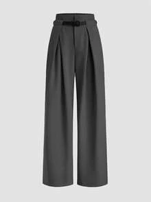 EARO 女士时尚宽松束腰优雅新款休闲阔腿裤，适合日常穿着和通勤，配有腰带环和松紧腰设计，秋冬 - 灰色 - 查看 1