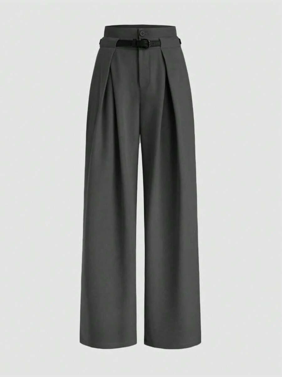 EARO 女士时尚宽松束腰优雅新款休闲阔腿裤，适合日常穿着和通勤，配有腰带环和松紧腰设计，秋冬 - 灰色 - 查看 1