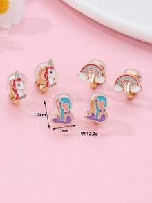 3 对/套锌合金独角兽、美人鱼和彩虹形夹式耳环，无需穿孔，适合日常佩戴的装饰配件