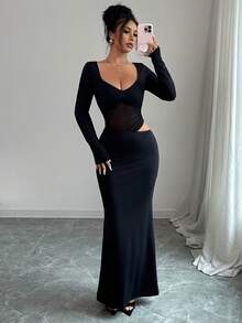 Glamful Sexy Party Date Y2K Sheer Mesh Patchwork Long Sleeve Dress, Black Sheer Mesh Long Sleeve Dress, Elegant Design - Black - View 6