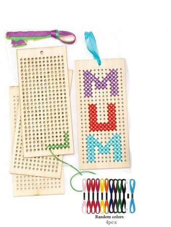 12pcs/Set Embroidery Kit Cross Stitch Bookmark Wooden Bookmarks Tools Wood Hollow Out Cross Stitch Kits Handmade Children Craft