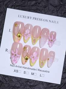 10pcs Set Almond Handmade Flowers And Starfish 3D Nails Sweet Pink & Yellow Color Block French Style Nail Art Design Manual Nails With Shells Nail Charm Decoration False Nails Tips Reusable For Four Seasons DIY Nail Beauty - Pink - View 14