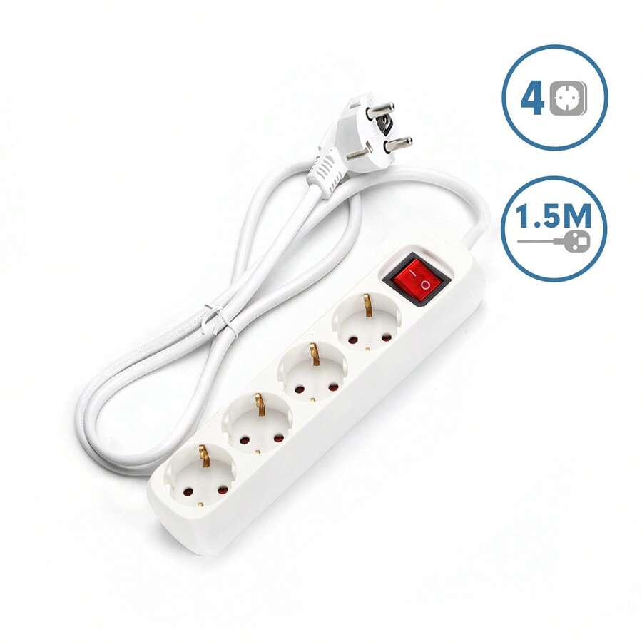 Aigostar Regleta alargador de 4 enchufes con cable de 1,5 metros e interruptor. Color Blanco - Enchufe EU Tipo F(220-240V) - Ver 1