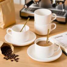 1/2 Set Ceașcă de cafea albă pură de 7oz cu farfurie și lingură, Design minimalist, Ceașcă de cafea ceramică elegantă europeană, Ceașcă de cappuccino, Ceașcă de porțelan negru, Potrivită pentru ceai, espresso, latte și mocha