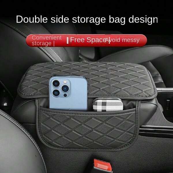 1Pc Black Upgraded Microfiber Leather Car Center Console Armrest Cover Cushion With 2 Storage Bags Multi Functional Armrest Easy To Clean Car Accessories Universal For Most Cars