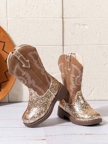 NILOSH 1 Pair Children's PU Square Toe Mid-Calf Cowboy Boots - Gold - View 10
