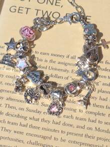 1pc Travel & Birthday Teddy Bear Charm Bracelet, 1pc DIY Angel Heart Mom Bracelet, 1pc Travel Eiffel Tower Bracelet, 1pc Star Girl Bracelet - Silver - View 6