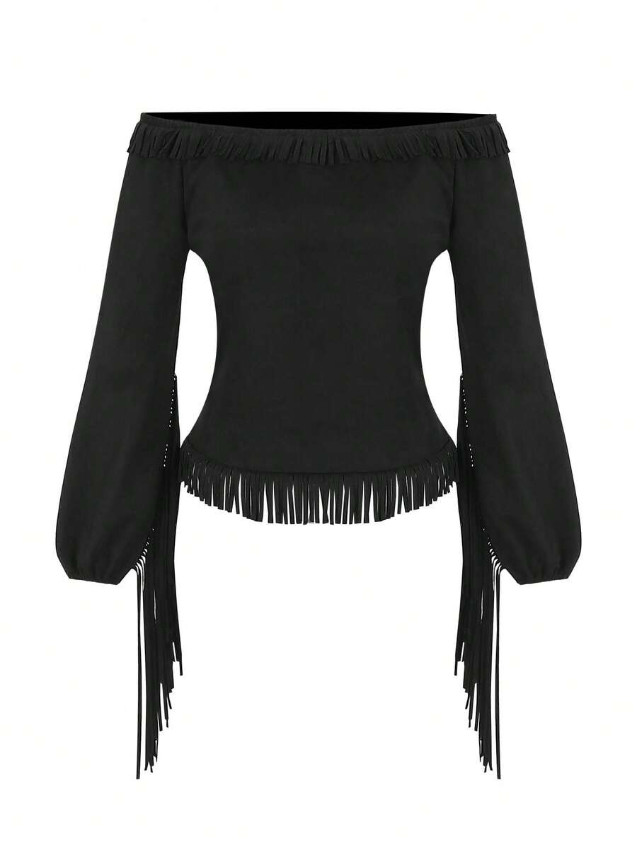ii Halloween Vintage Western Gothic Style Off-Shoulder Fringe Blouse For Women Black Spring