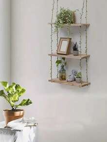 1pc Boho Chic Hanging Floating Shelf With Faux Ivy Garland Rustic Wooden Floating Shelves For Plant Display, Photo Frames, And Decorative Accents, Easy Assembly, Perfect For Bohemian Home Decor, Boho Wall Decor