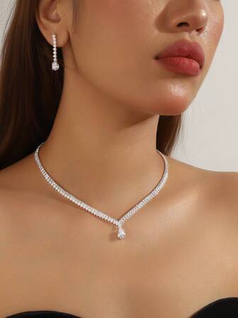 3pcs Luxury Sparkling Crystal Zirconia Necklace + Earrings Jewelry Set, Best Accessory For Party, Ball, Wedding, Holiday