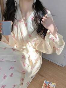 1pc Women's Spring & Autumn Korean Style Simple Comfortable Sleepwear Robe, Pink Bow Casual Loose Homewear Pajamas, Quick Absorbing Bath Robe, Suitable For Spa, Couple Matching Bathrobes