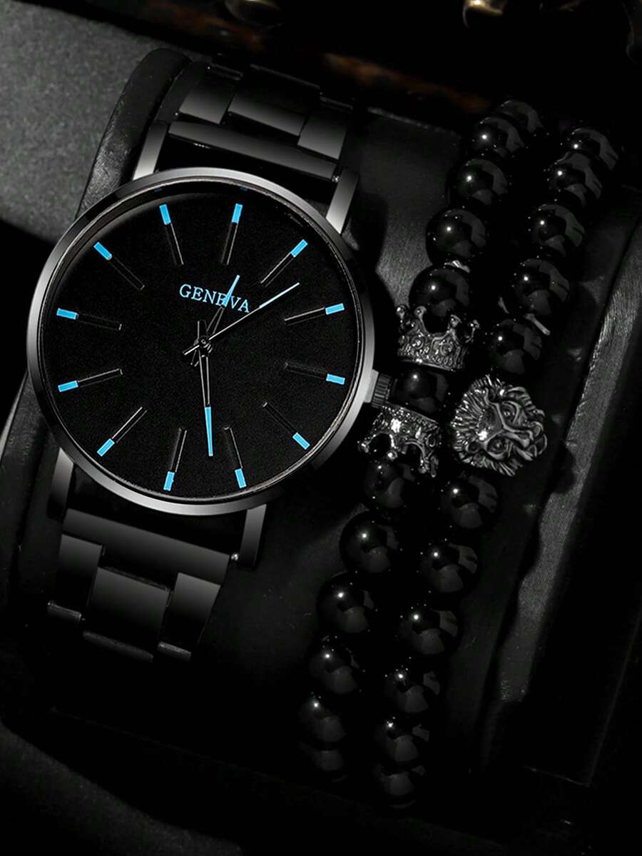3pcs Fashionable And Versatile Men's Quartz Watch, Round Dial, Alloy Steel Strip, Paired With Crown Bead Bracelet Set, The Best Gift For Men, Suitable For Holiday Gifts And Daily Wear