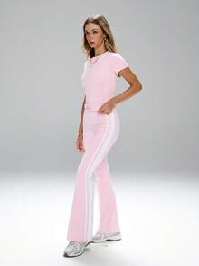 FWH Collegiate/Sporty Casual Style, Slim-Fit Flattering, Elastic & Comfortable, Suitable For Yoga/Fitness, Waist-Cinching Elongates Leg Lines, Free Movement, Enhances Figure, Shaping Compression Waistband, Flared Pant Legs, 4-Way Stretch Fabric, Allows Free Activity, Shine Bright! Relaxed Fit T-Shirt + Slim Flare Pants, 2 Pieces Campus Style Activewear Set - Pink - View 8