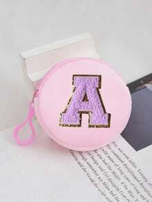 毛绒圆形零钱包，紫色毛巾刺绣首字母 A-Z，手拿绳零钱包，迷你钥匙扣钱包，女士证件包，零钱包，迷你钥匙包，口红化妆包，耳机收纳包，小巧便携，适合送给家人、朋友和同学的节日礼物，生日礼物，返校礼物（26 个字母可供选择） - 粉色 - 查看 7