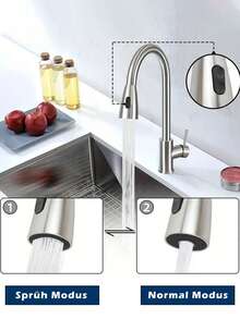 1 pieza Grifo de cocina extraíble de acero inoxidable, grifo de fregadero de níquel cepillado de arco alto de un solo mango, grifo giratorio de 360° con función de extracción, control de flujo de dos niveles, adecuado para el hogar, restaurante, baño, caravana, tocador, granja y fregadero de bar - Multicolor - Ver 3