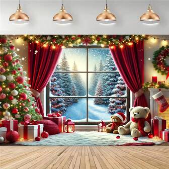 1pc,2D Flat Winter Wonderland Christmas Background Cloth - Snow Village Scene With Trees, Gifts And Snowflakes For Festive Party And Photo Props