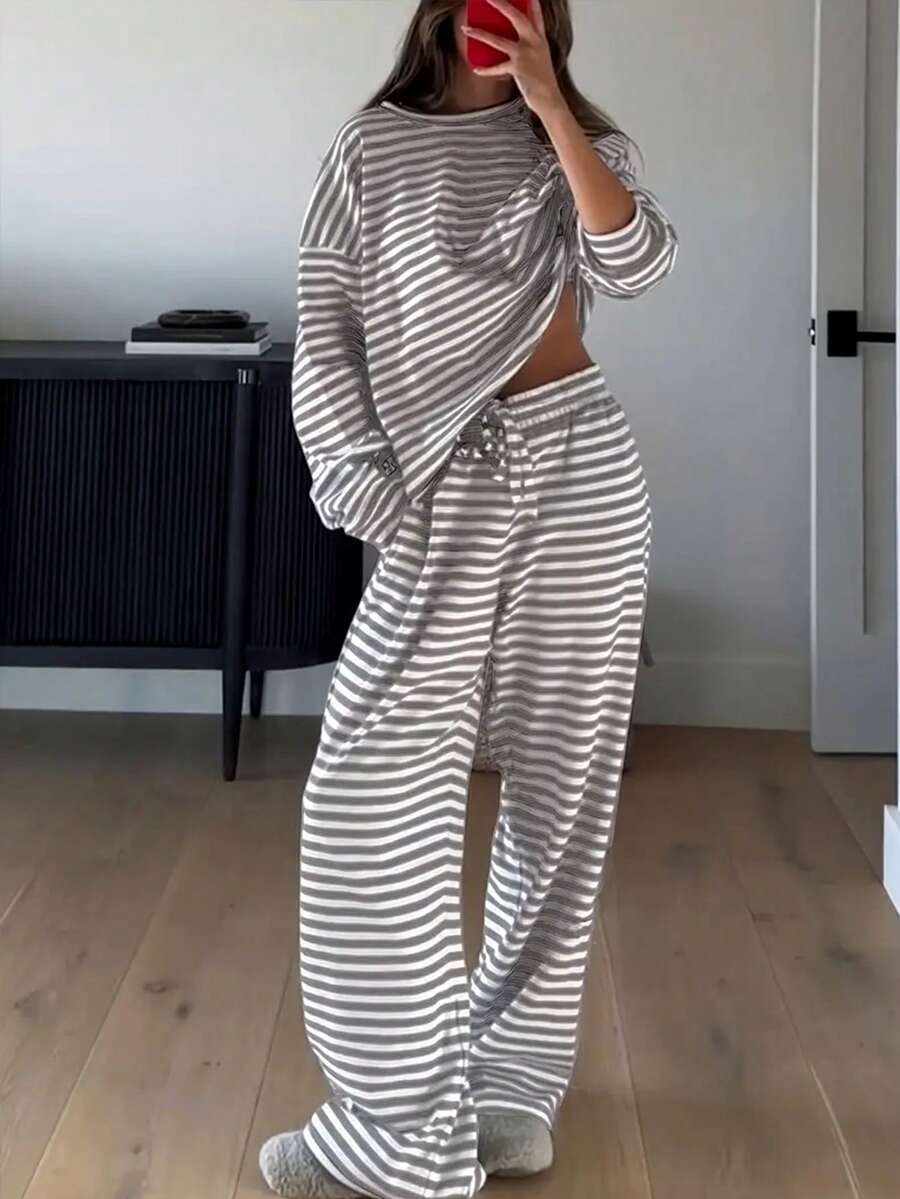 2-Pack Women's Autumn Striped Pajama Set Loose Round Neck Top Elastic Waist Pants Can Be Worn As Outerwear Home Clothes Set Drop Shoulder Sleeve Fashionable Temperament Y2K - 灰色 - 查看 1