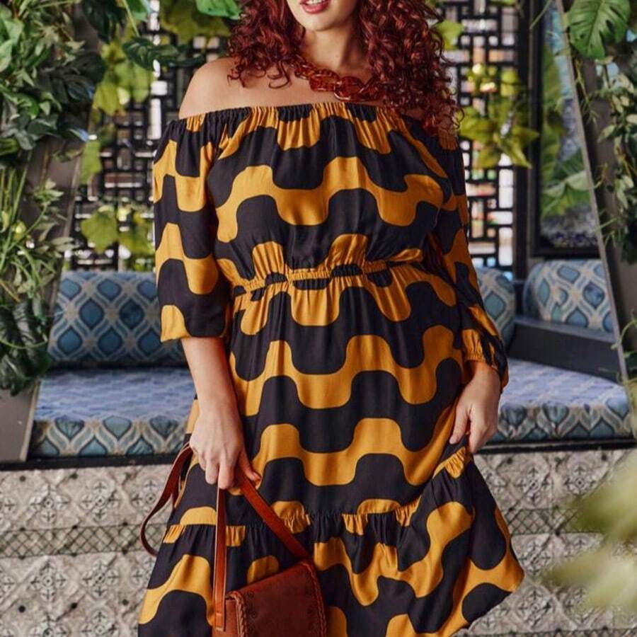 Plus Size Off-Shoulder Cinched Waist 3/4 Sleeve Floral Print Dress - Yellow - View 1