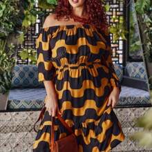 Plus Size Off-Shoulder Cinched Waist 3/4 Sleeve Floral Print Dress