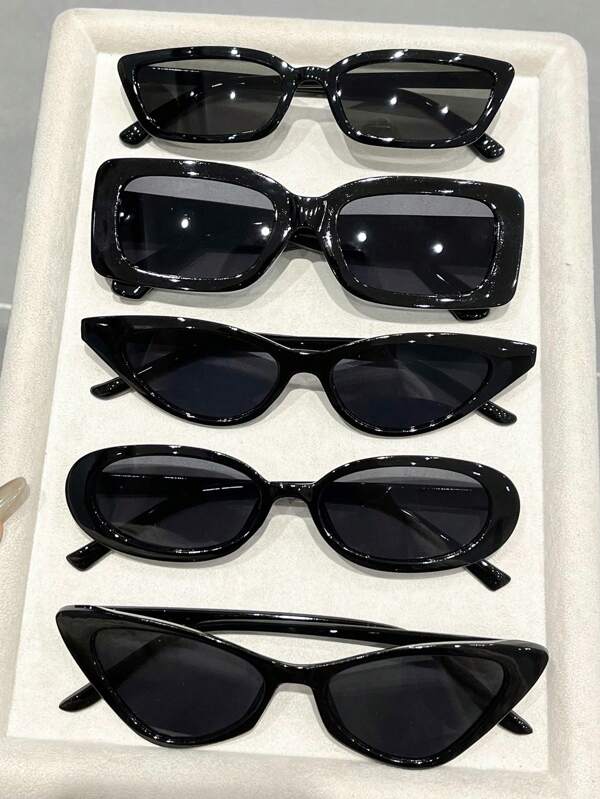 5pcs Plastic Black Solid Color Geometric Full Frame Classic Retro Exquisite Women Fashion Glasses For Driving Camping Musical Festival Weekend Outfit Suitable For All Face Shapes