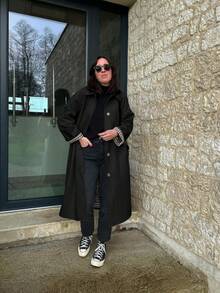 Womens Single Breasted Long Trench Coat Oversized Windproof Fashion Overcoat Outerwear - Black - View 4