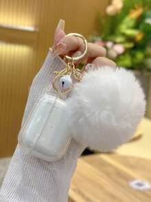 White Fur Ball & White Bell Decor Transparent Earphone Case - Multicolor - View 3