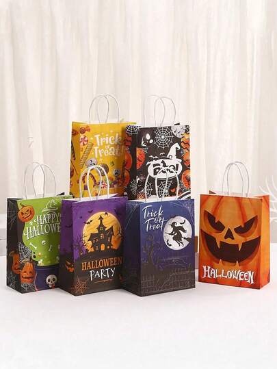 6pcs Halloween Kraft Paper Bags With Handles Gift Bags For Halloween Parties, Trick Or Treat, Halloween,Candy Gift Wrap Bags.Tua,Randomly Send Patterns