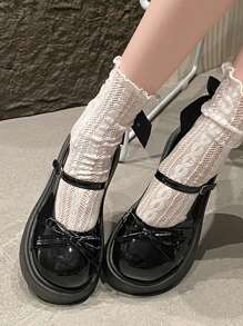 1 Pair Casual Flat Slip-On Loafers For Teens, PU Bow Round Toe