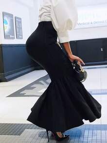 Rok A-Line Rajut Warna Polos untuk Wanita Ukuran Besar, Cocok untuk Semua Musim, Warna Hitam - Hitam - View 5