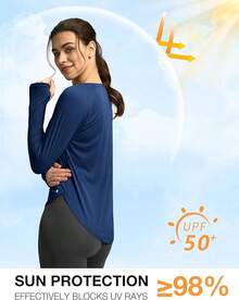 Womens Shirts UPF 50+ Lightweight Quick Dry Long Sleeve Workout Hiking Tops Outdoor - Navy Blue - View 2